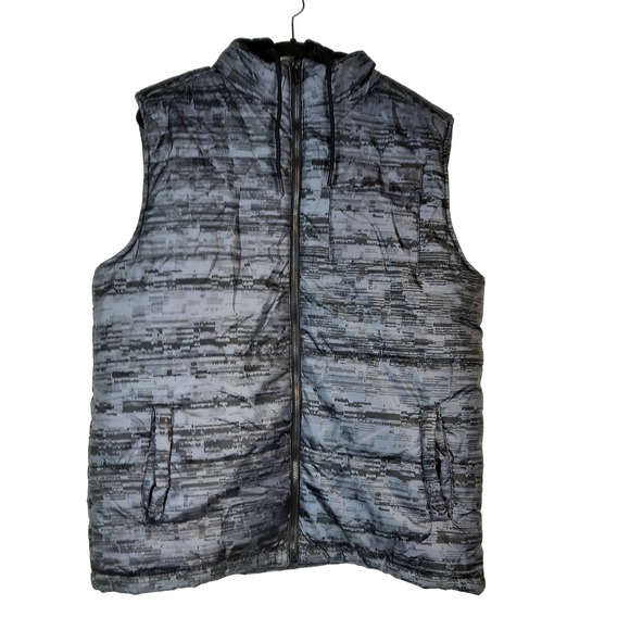 ECKO UNLTD MEN'S L BLACK GRAY PUFFER HOODIE VEST LOGO ZIP‎ CLOSURE POCKETS - Picture 1 of 8